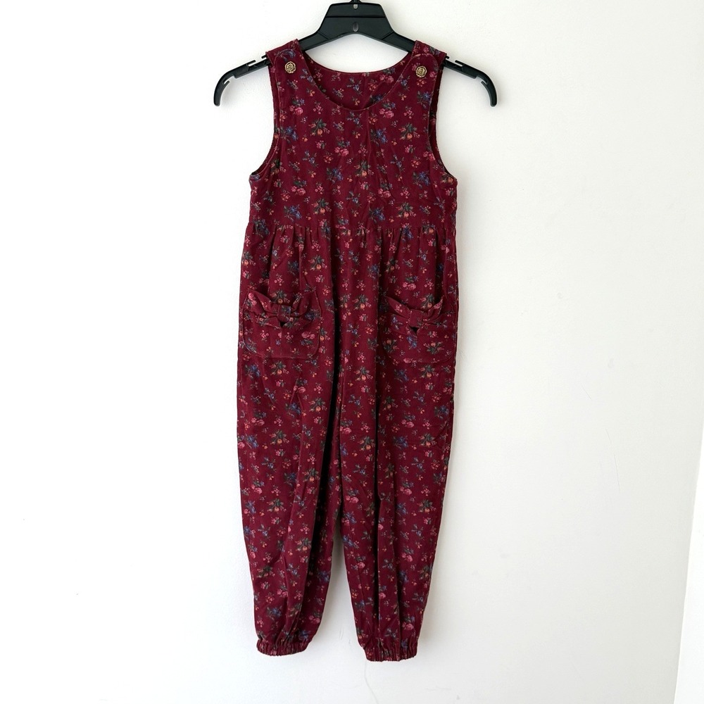 Vintage Floral Corduroy Jumpsuit Girls 6 Burgundy Cottagecore Overalls Romper